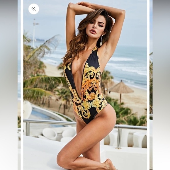 Orange, Yellow and black one piece low V cut Swim suit size Large - Picture 2 of 11